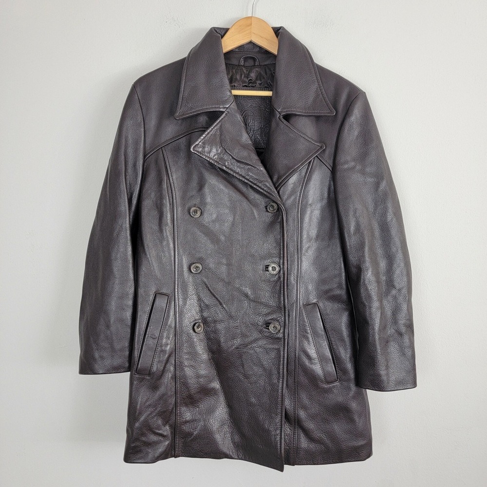 Bill Blass Double Breasted Leather Coat Womens Size M Dark Brown Lined